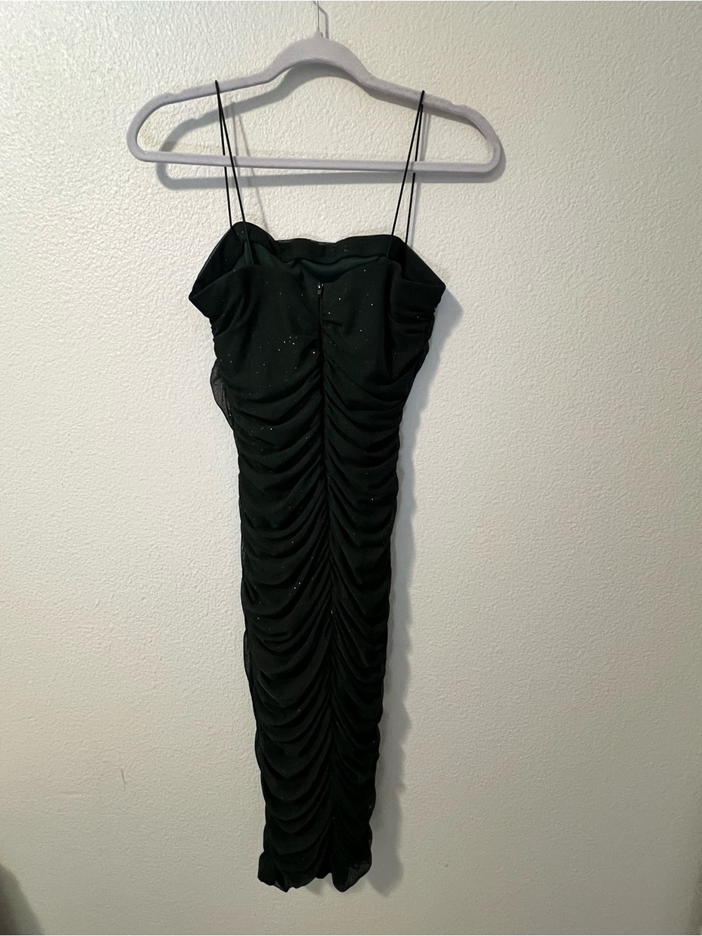 B Darlin Dark Green Ruched Bodycon Midi Dress with Spaghetti Straps - Picture 3 of 5